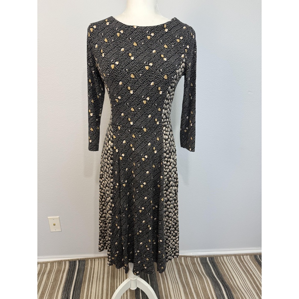 Boden Anna Midi Dress Women's 8 Black Floral Boat Neck 3/4 Sleeve Fit & Flare